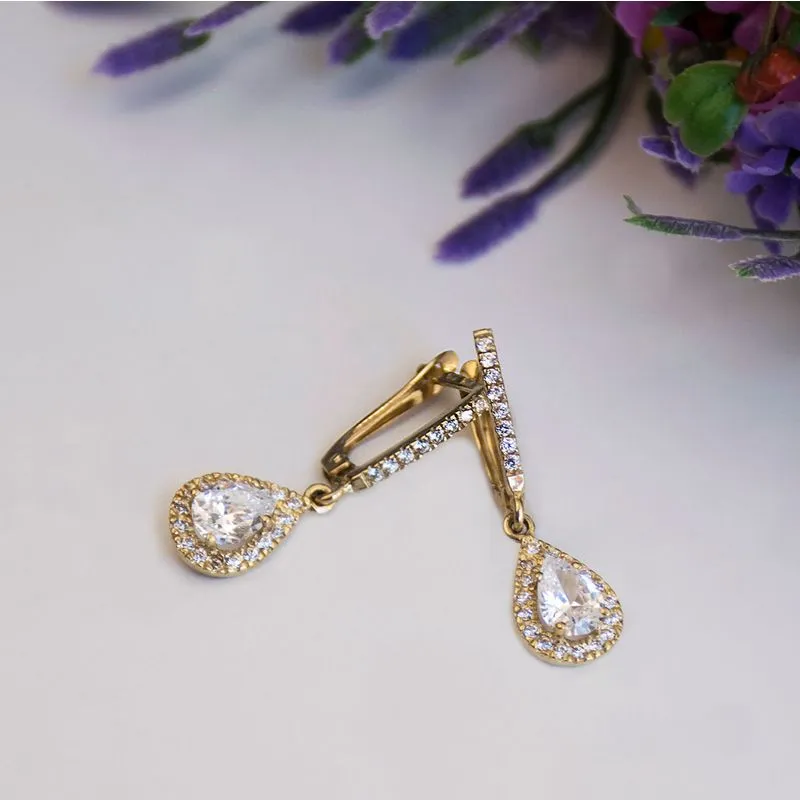 14K Yellow Gold Teardrop White Cubic Zirconia 5X7mm Dangle Earrings