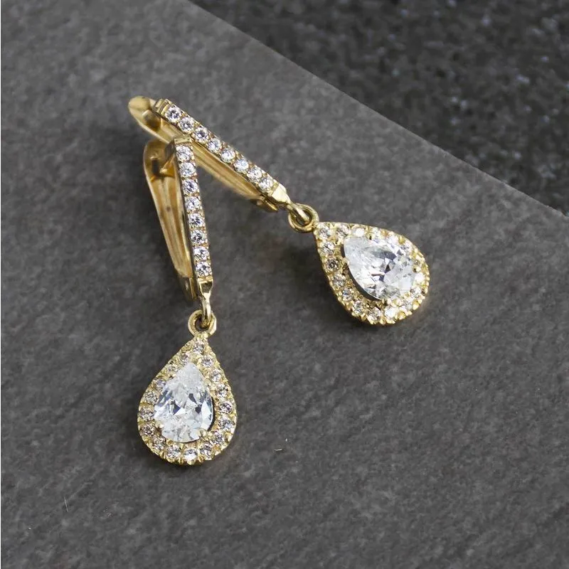 14K Yellow Gold Teardrop White Cubic Zirconia 5X7mm Dangle Earrings