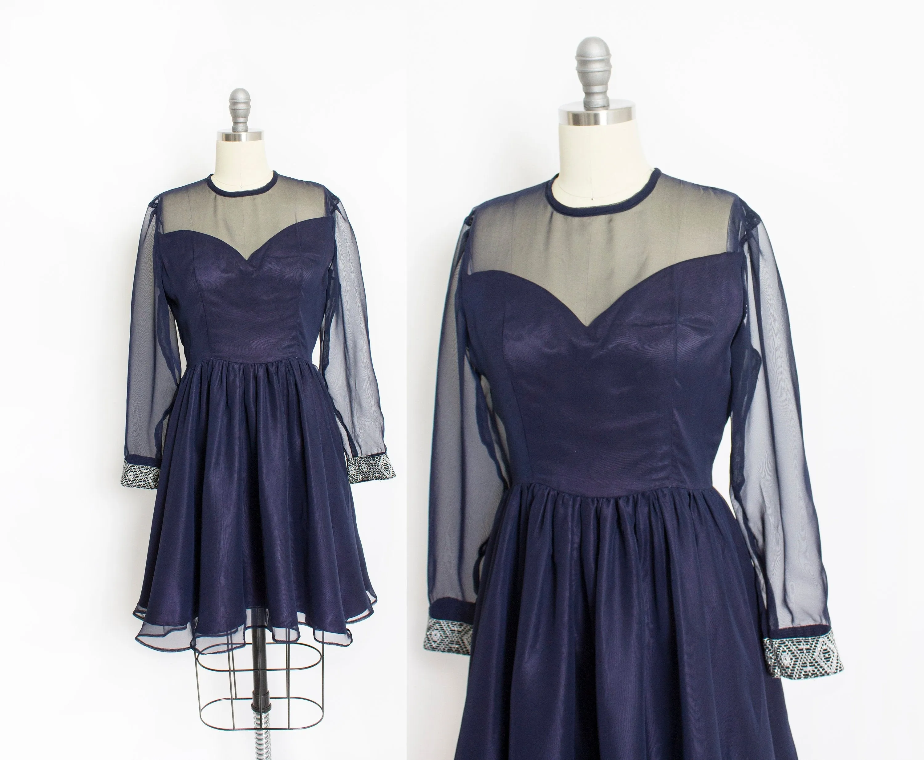 1960s Dress Navy Blue Illusion Chiffon Full Skirt S