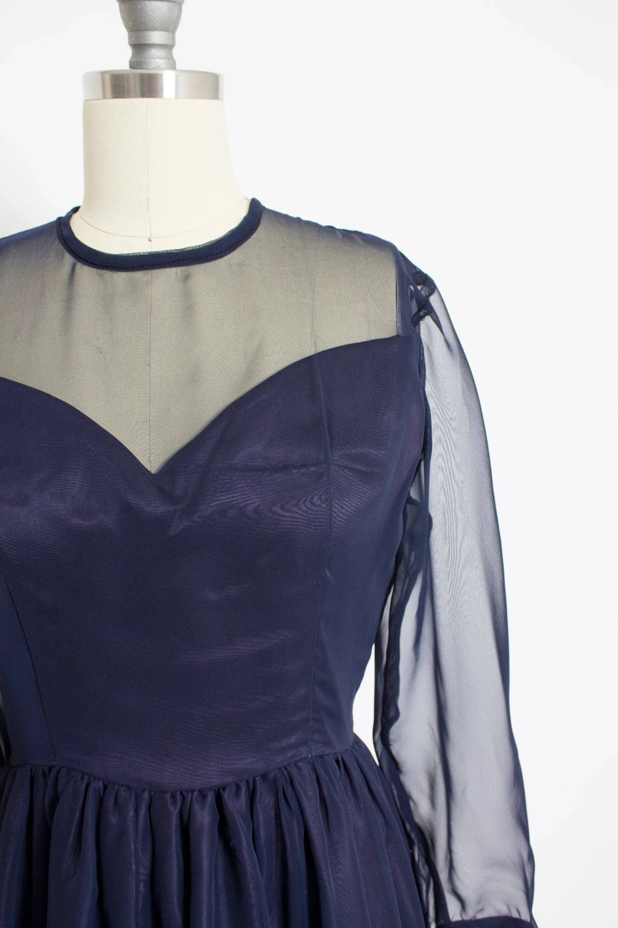 1960s Dress Navy Blue Illusion Chiffon Full Skirt S