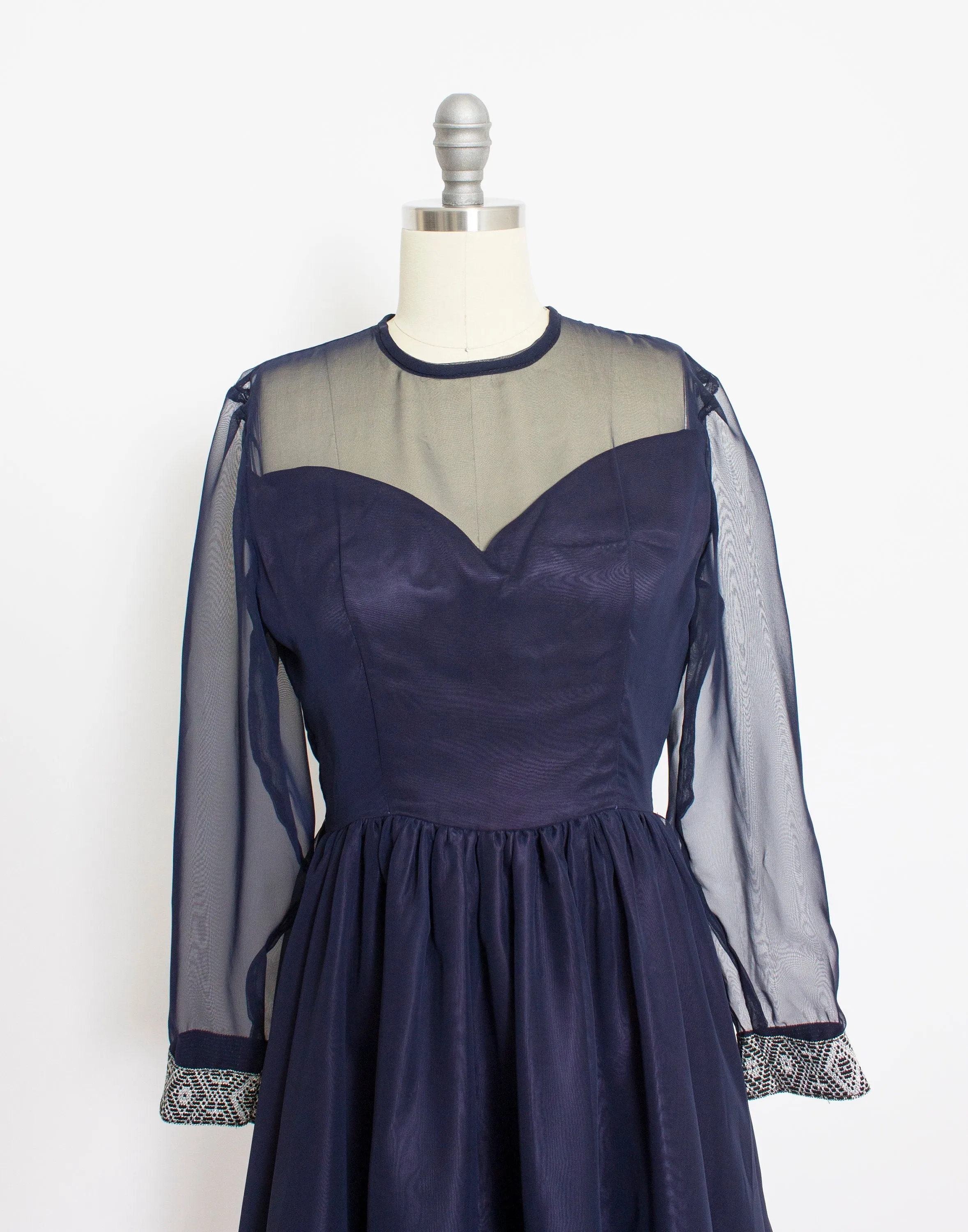 1960s Dress Navy Blue Illusion Chiffon Full Skirt S