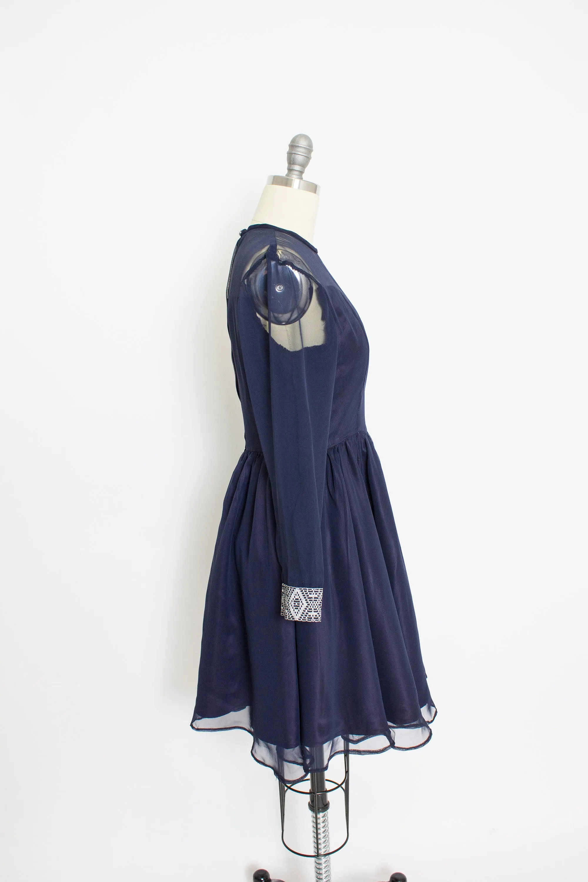 1960s Dress Navy Blue Illusion Chiffon Full Skirt S