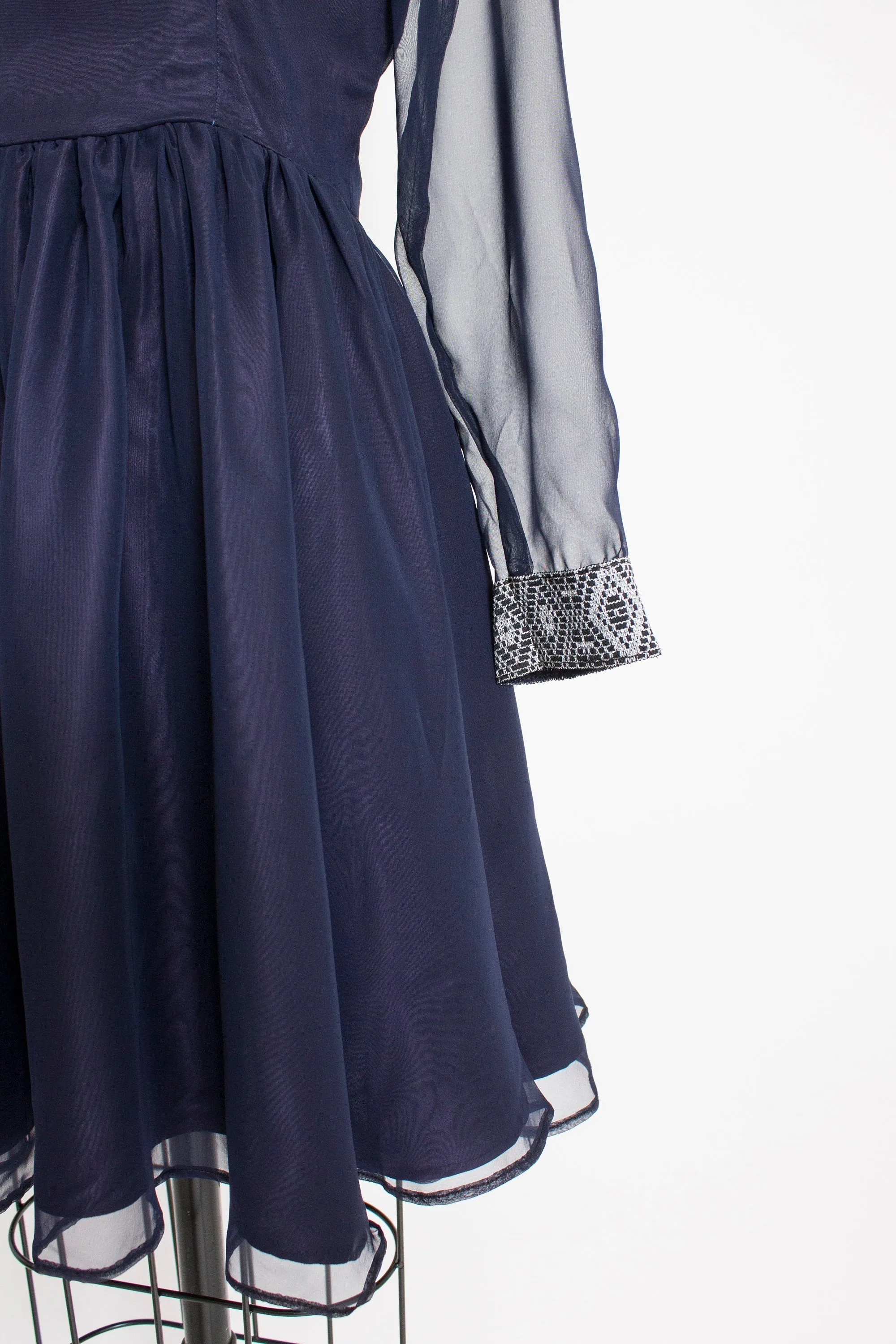 1960s Dress Navy Blue Illusion Chiffon Full Skirt S