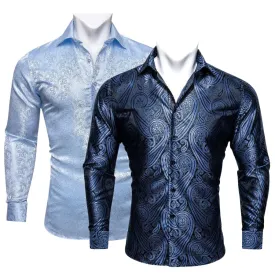 2pcs Bundles Deal Fashin Blue Paisley Silk Men's Long Sleeve Shirt