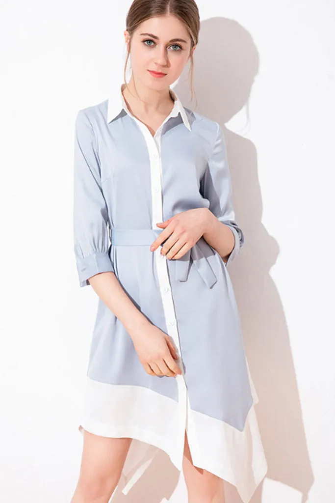 3/4 SLEEVE ASYMMETRICAL BUTTON UP CLOSURE SHIRT DRESS