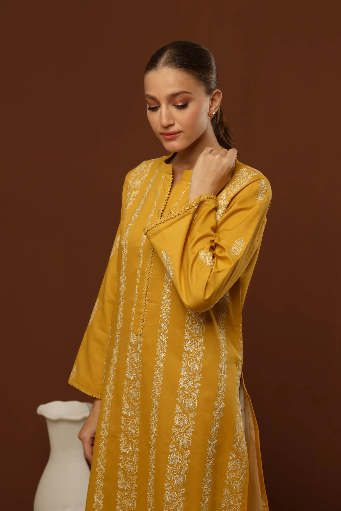 55% OFF MUSTARD EMBROIDERED LAWN SET (KURTA & SHALWAR) NPA2-23317