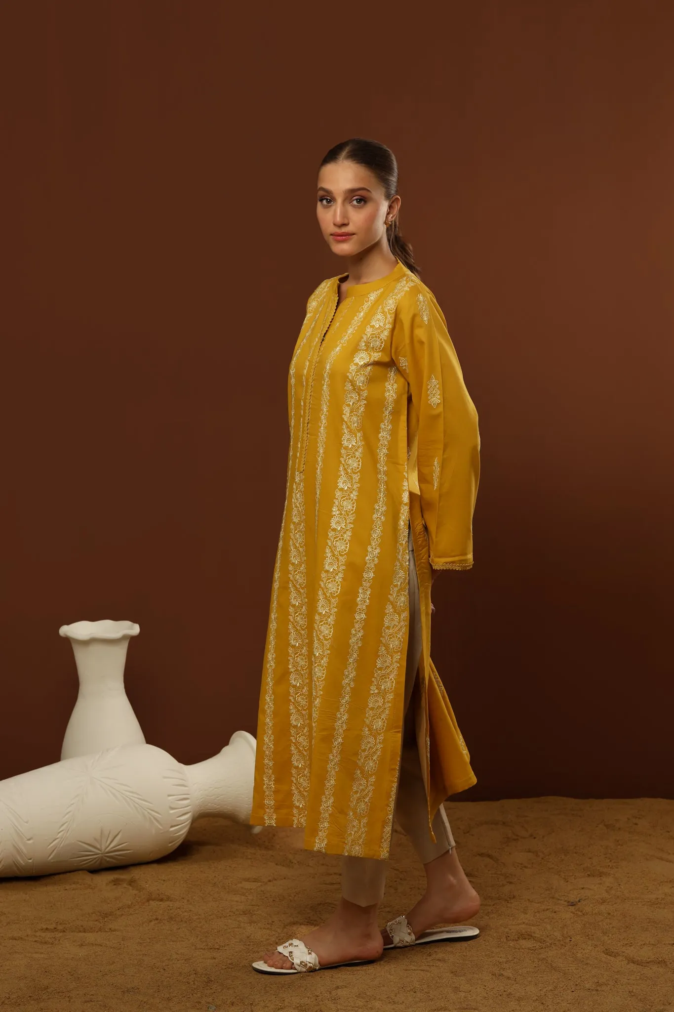 55% OFF MUSTARD EMBROIDERED LAWN SET (KURTA & SHALWAR) NPA2-23317