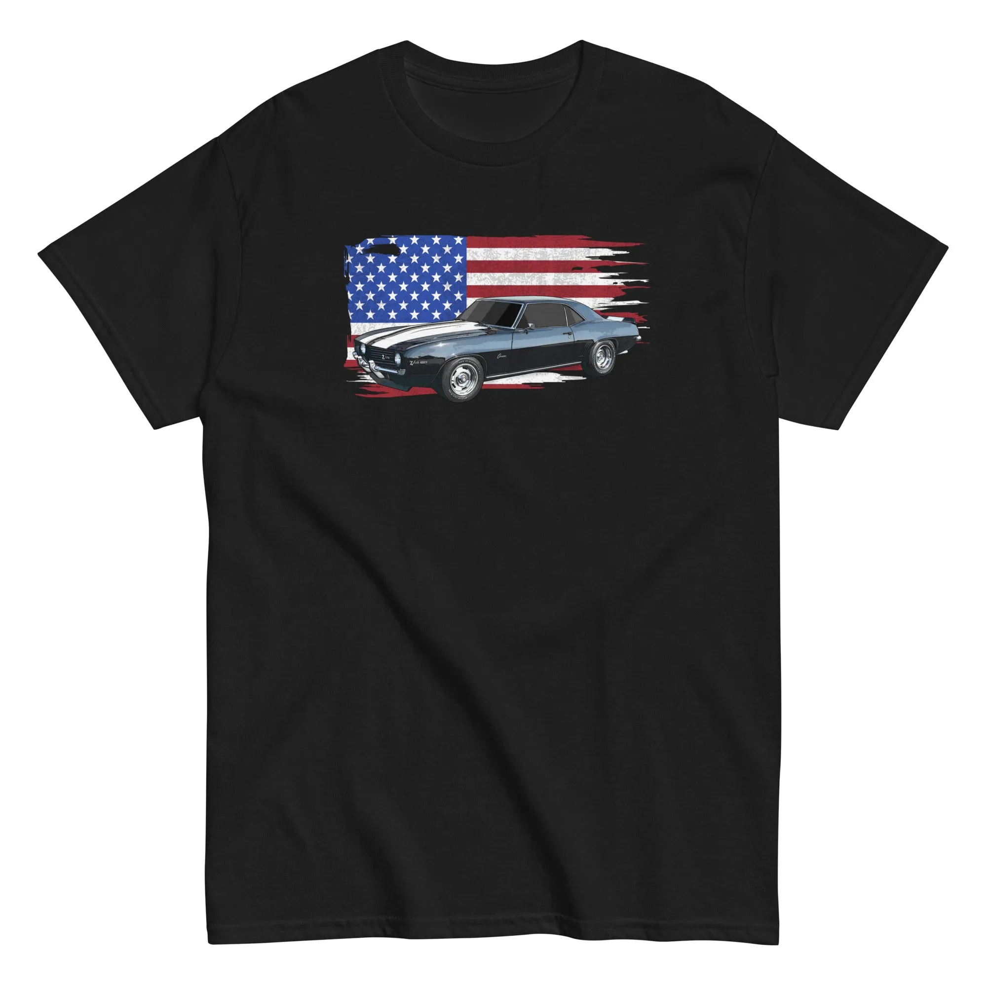 69 Camaro T-Shirt With American Flag Background