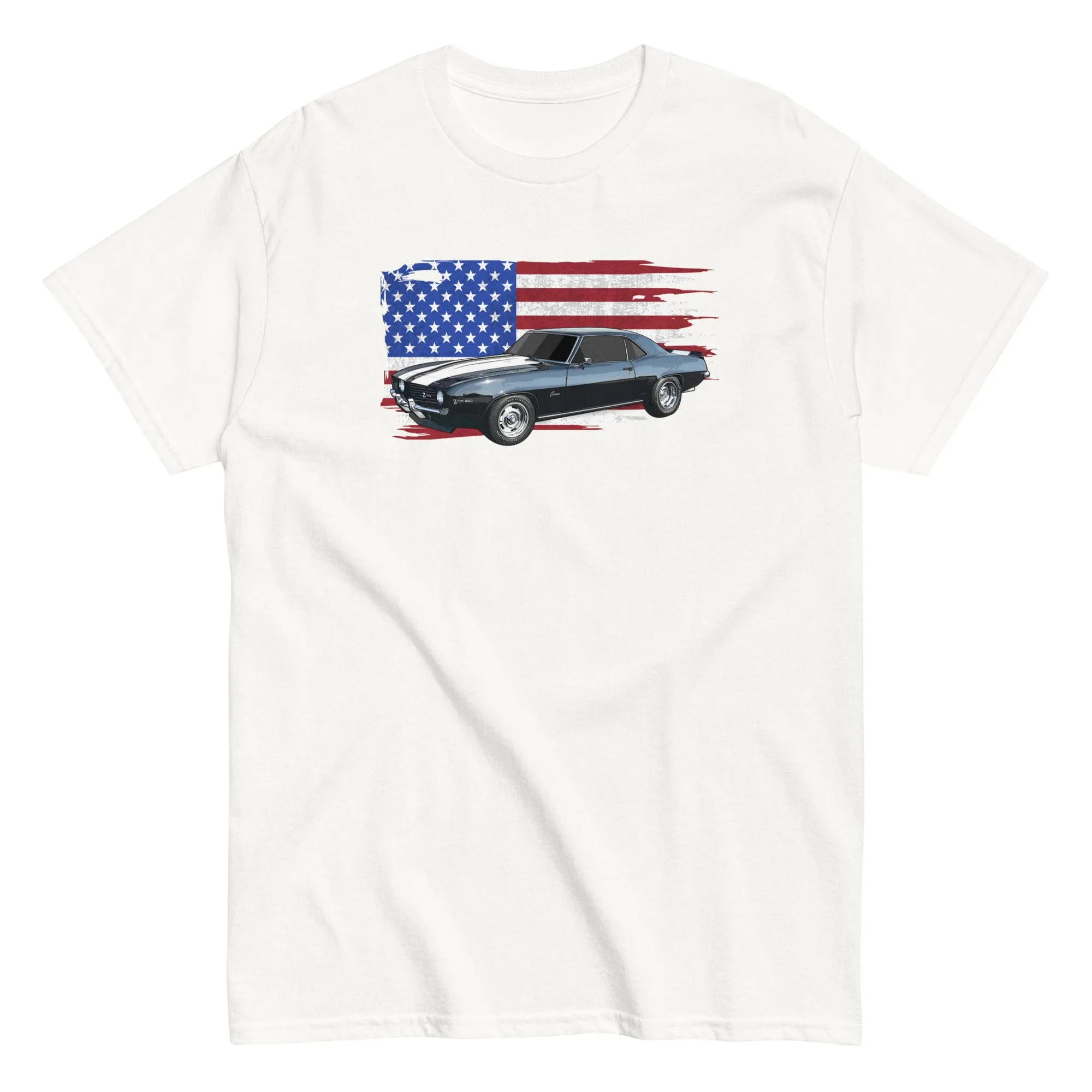 69 Camaro T-Shirt With American Flag Background