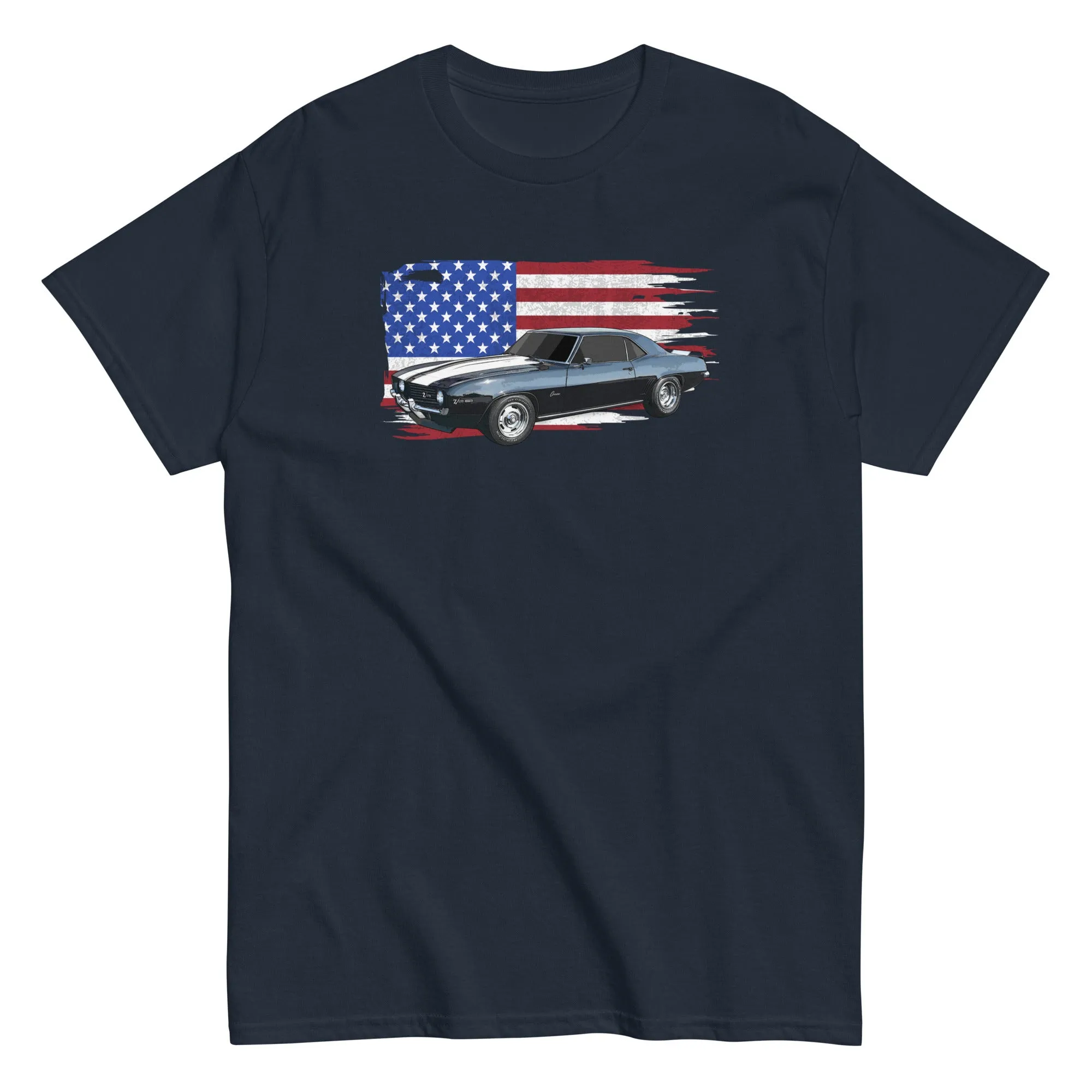 69 Camaro T-Shirt With American Flag Background