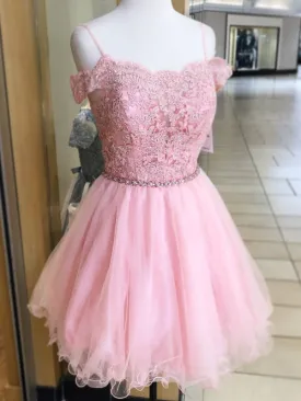 A Line Off Shoulder Lace Pink Short Prom Homecoming, Off Shoulder Pink Lace Formal Graduation Evening