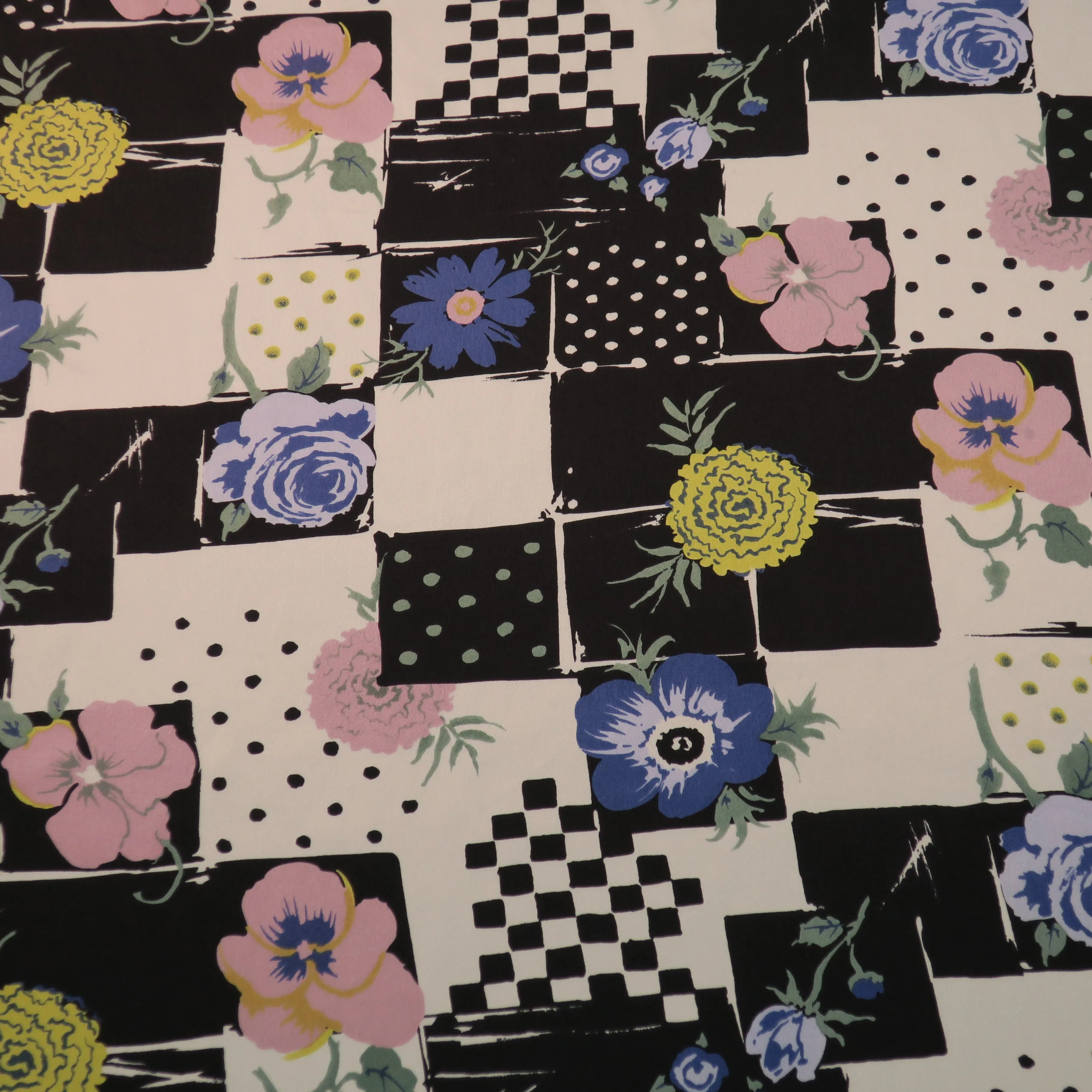 Black and White with Blue and Yellow Accents Floral Printed Silk Charmeuse Fabric