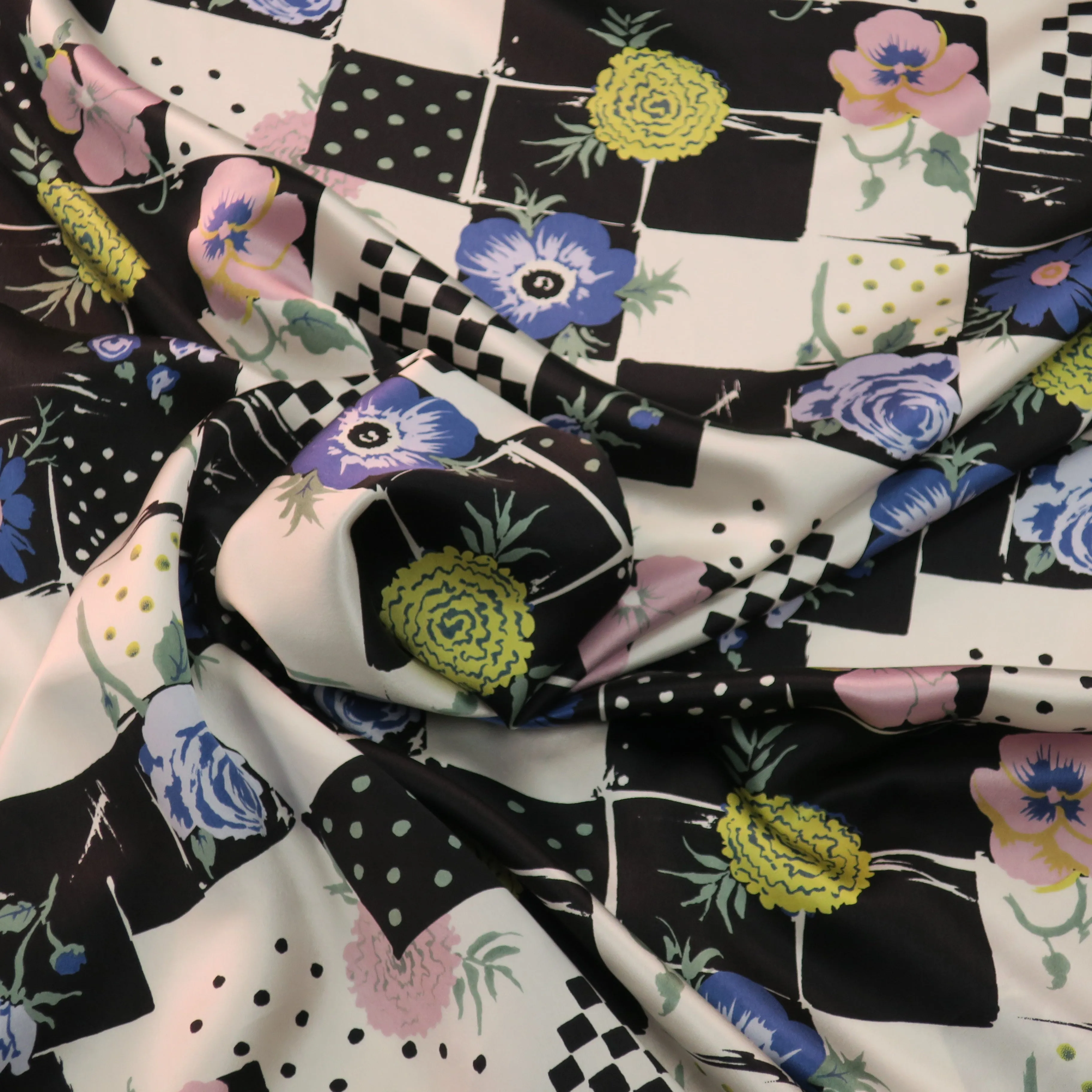 Black and White with Blue and Yellow Accents Floral Printed Silk Charmeuse Fabric