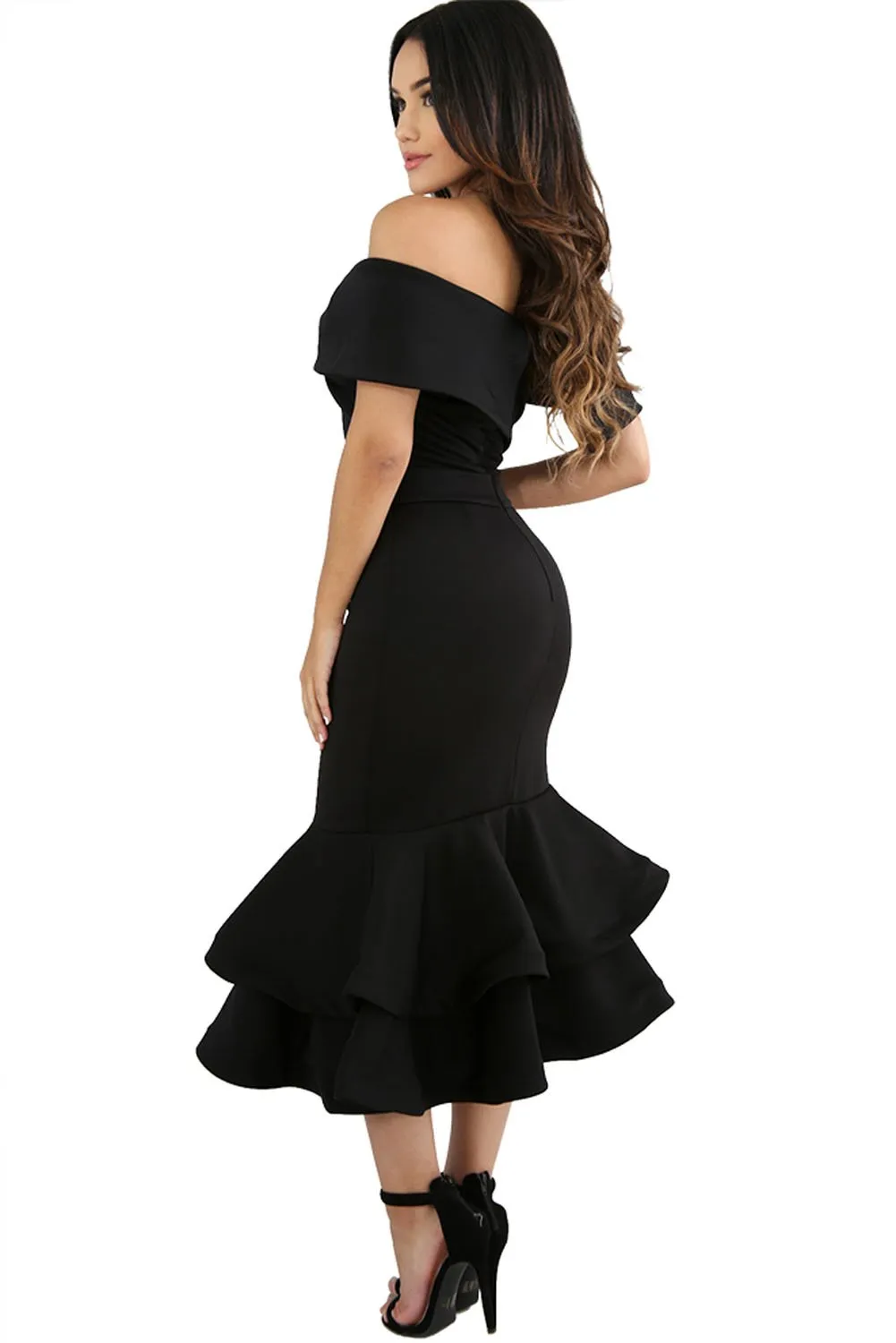 Black Cape Off Shoulder Bow Mermaid Dress