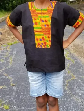 Black Dashiki Shirt with Kente Trim-DPC3256