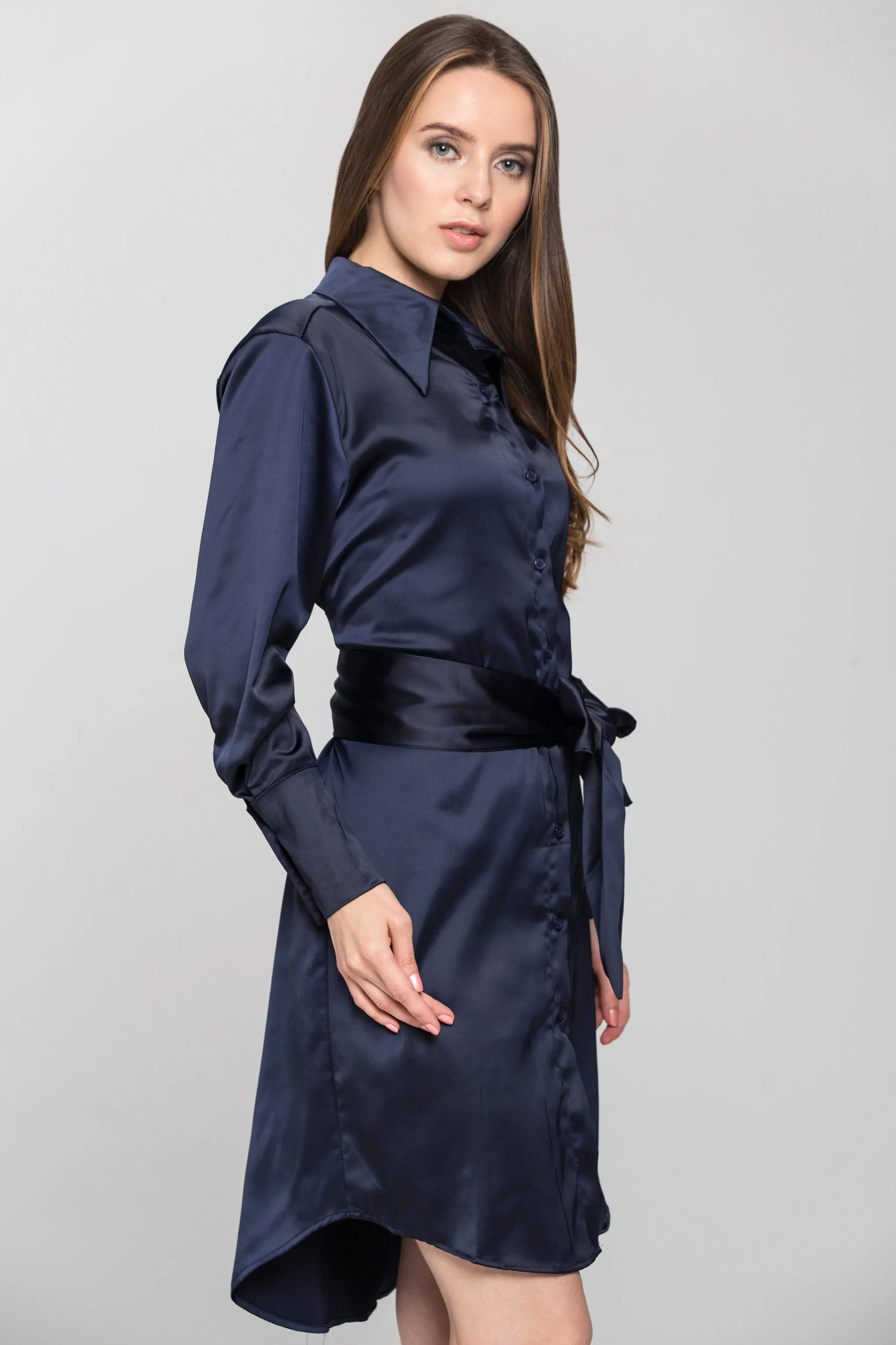 Blue Silk Tie Waist Shirt Midi Dress