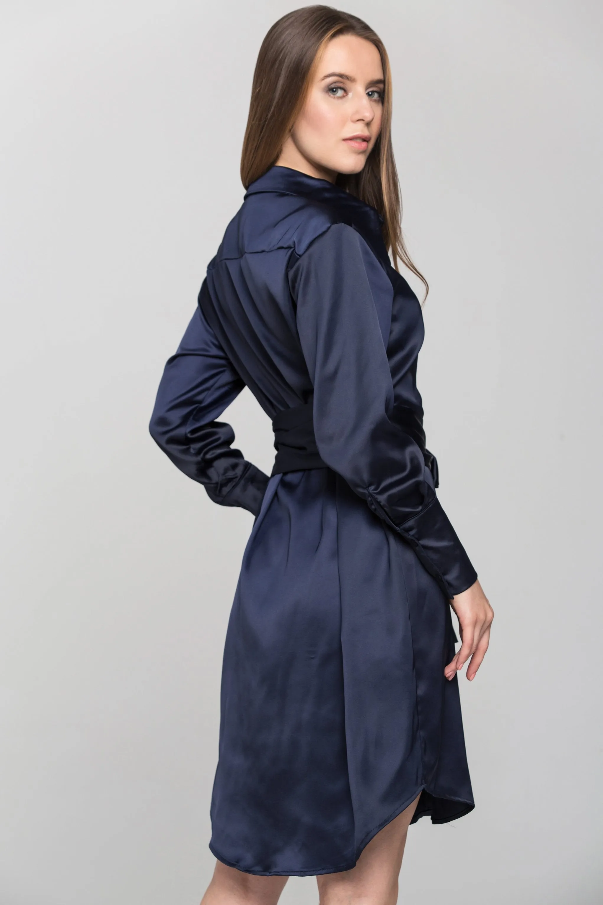 Blue Silk Tie Waist Shirt Midi Dress