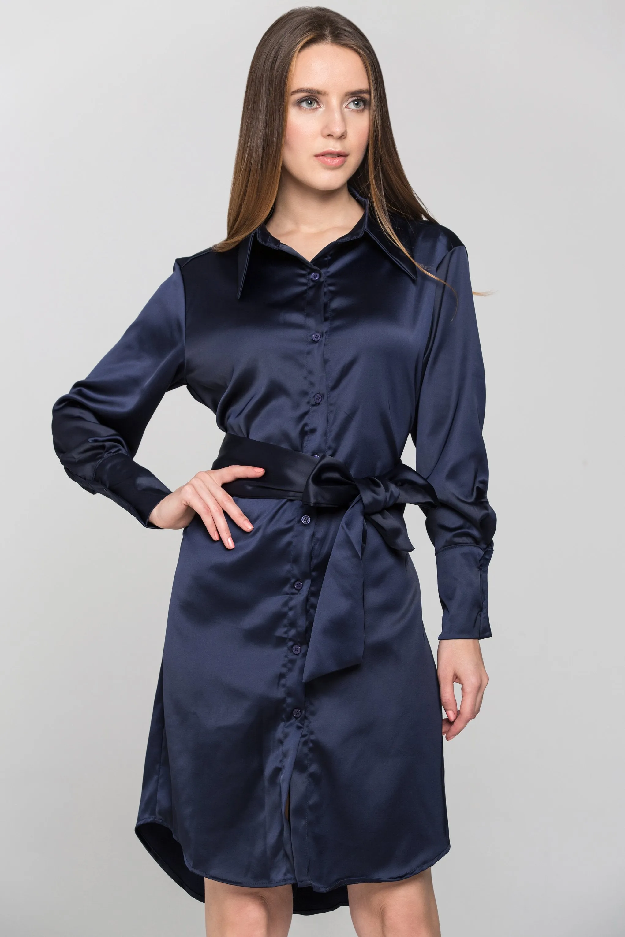 Blue Silk Tie Waist Shirt Midi Dress