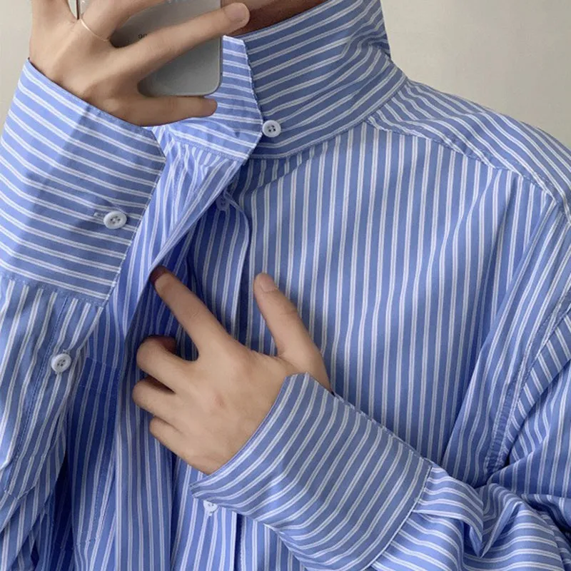 Blue Striped Turtleneck Loose Fit Shirt