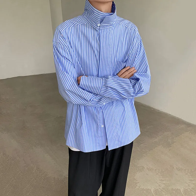 Blue Striped Turtleneck Loose Fit Shirt