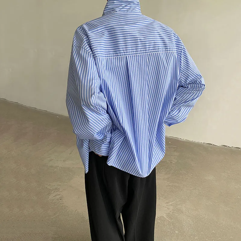 Blue Striped Turtleneck Loose Fit Shirt