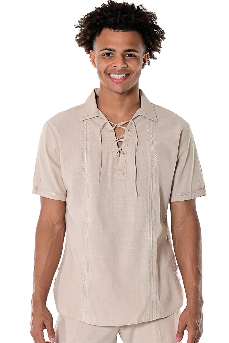 Bohio Mens White Cotton Casual Beach Summer Drawstring Collar Short Sleeve Shirt in Color Gray - MCS1078