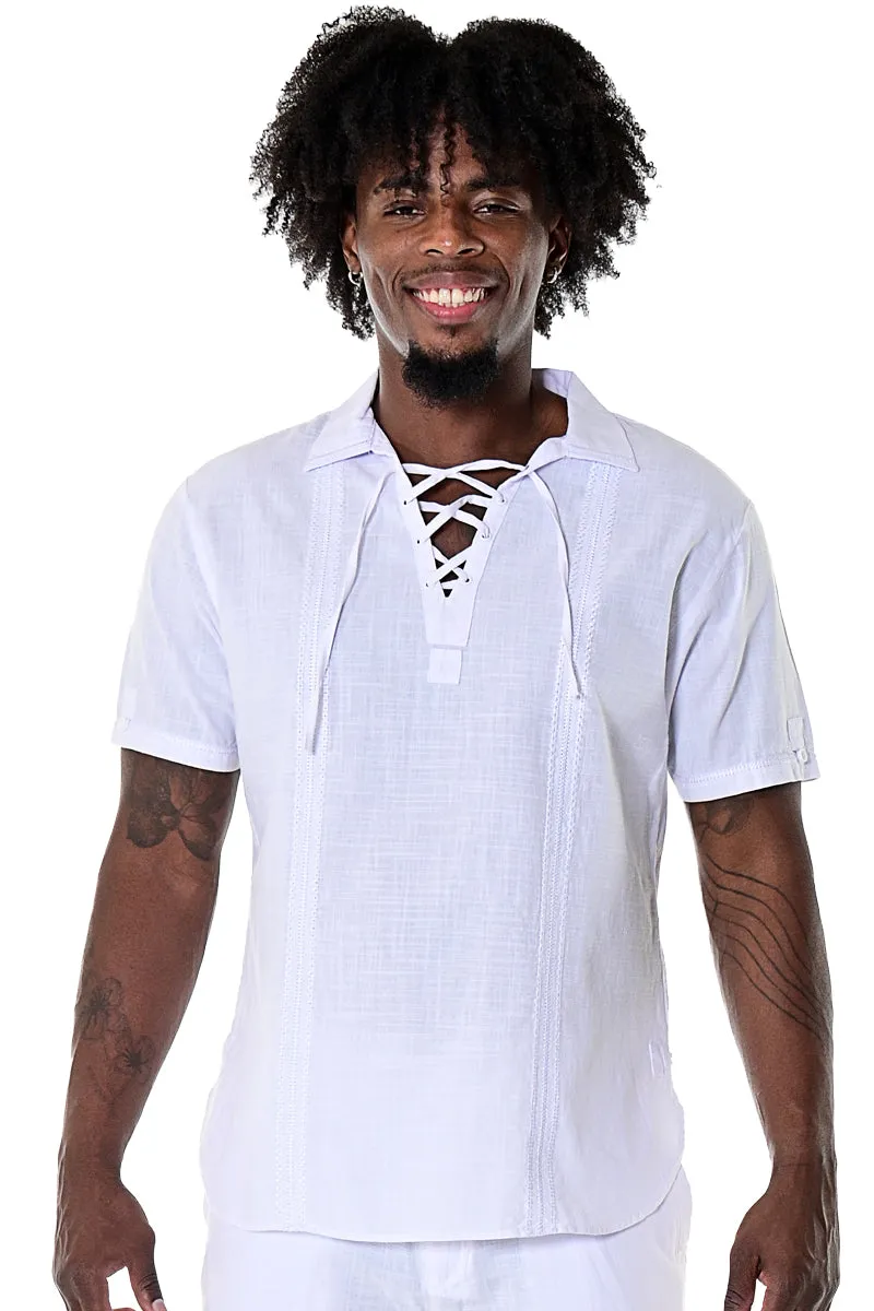 Bohio Mens White Cotton Casual Beach Summer Drawstring Collar Short Sleeve Shirt in Color Gray - MCS1078