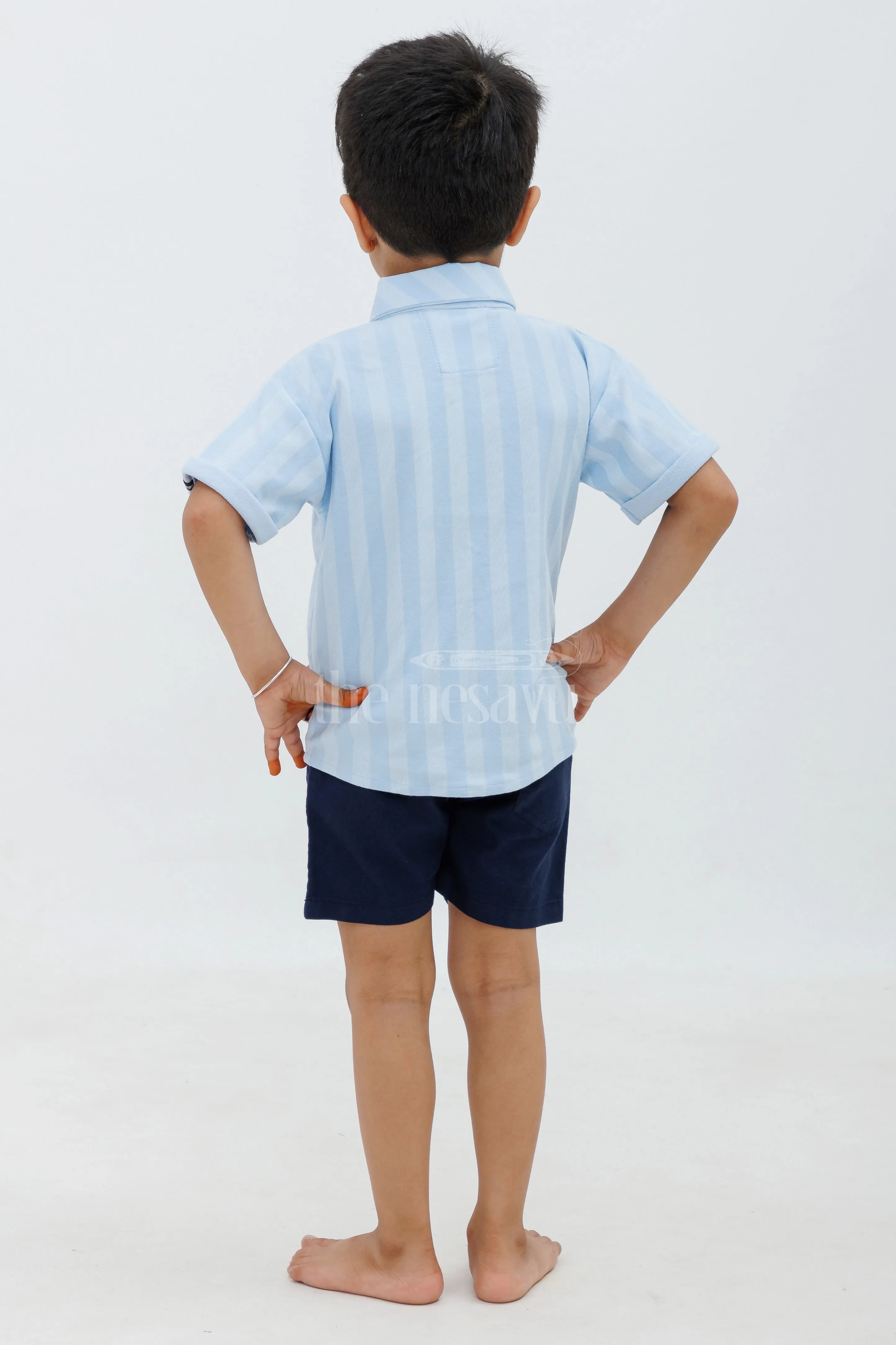 Boys Blue Striped Half Sleeve Shirt and Black Shorts Set