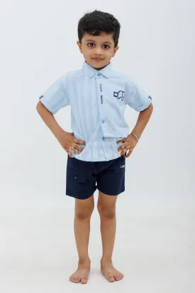 Boys Blue Striped Half Sleeve Shirt and Black Shorts Set