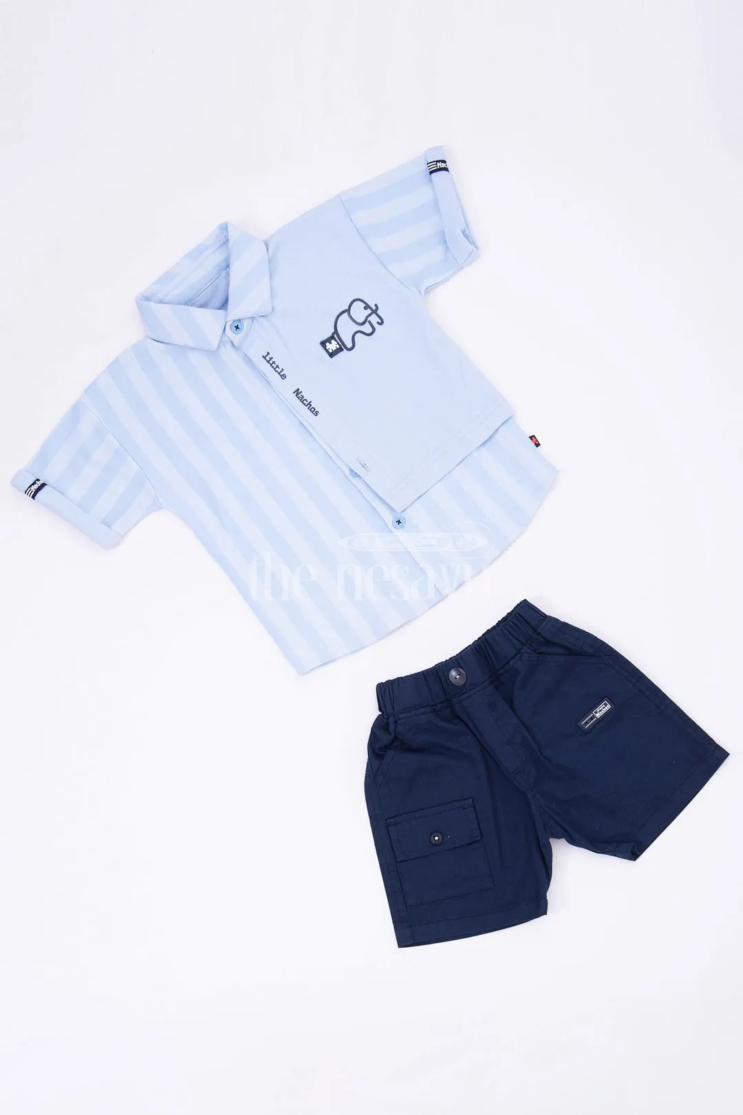 Boys Blue Striped Half Sleeve Shirt and Black Shorts Set