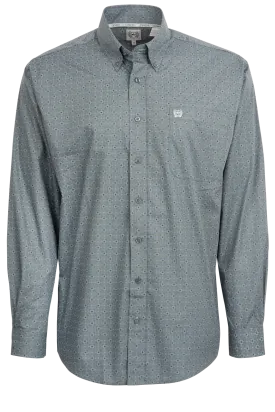 Cinch Button-Front Shirt - Blue Dobby