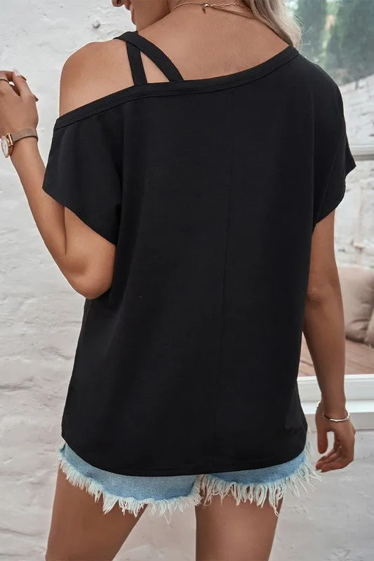 CROSS STRAP AND SHORT SLEEVE ASYMMETRICAL TOP - BLACK