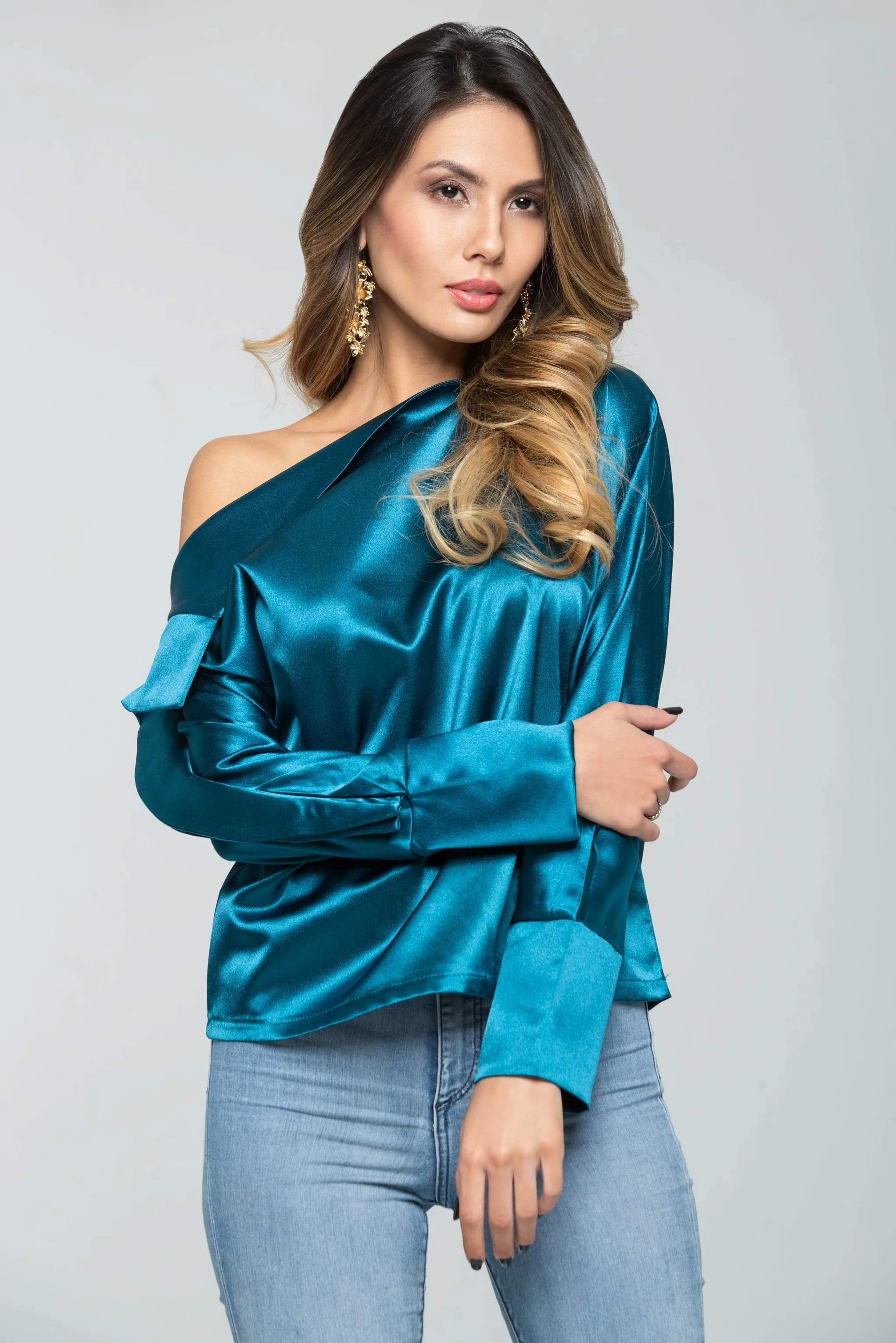 Cyan Blue Asymmetrical Top