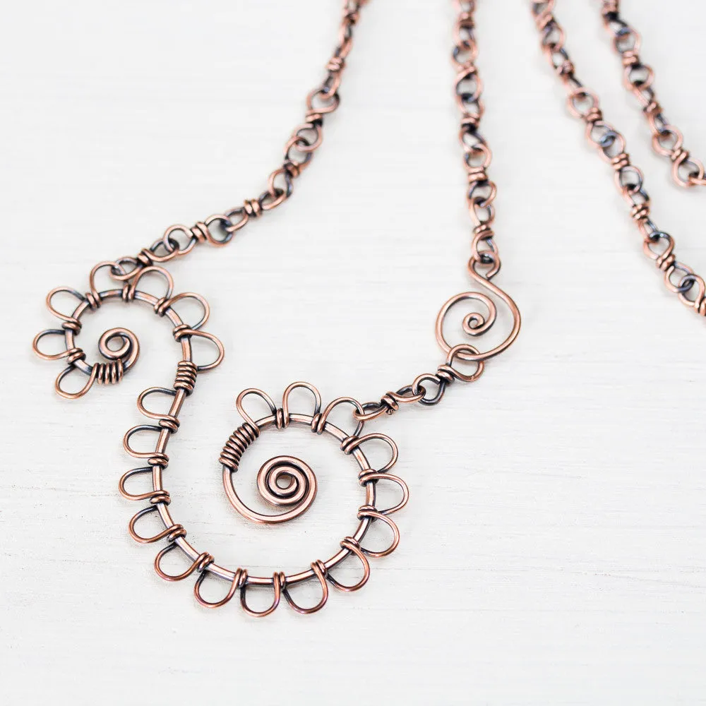 Double Spiral Copper Necklace, Wire wrapped Chain