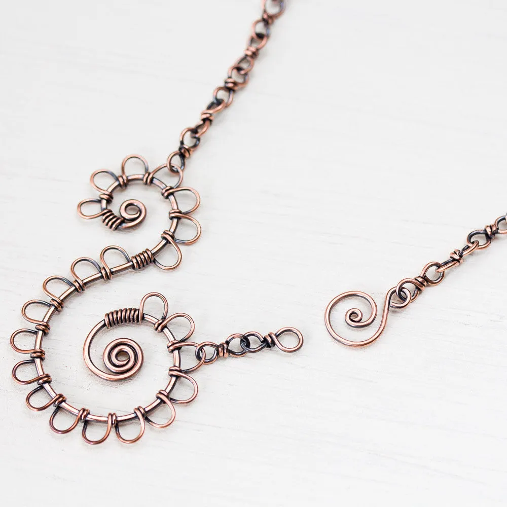 Double Spiral Copper Necklace, Wire wrapped Chain