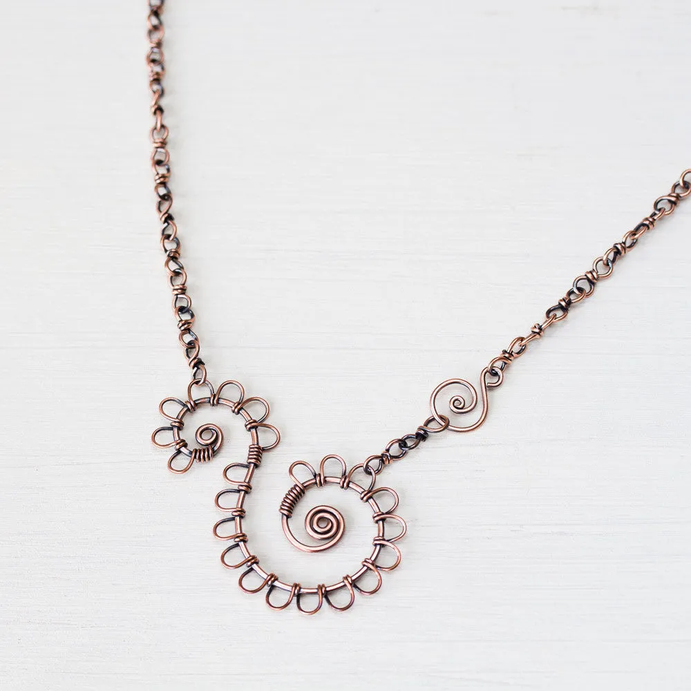 Double Spiral Copper Necklace, Wire wrapped Chain