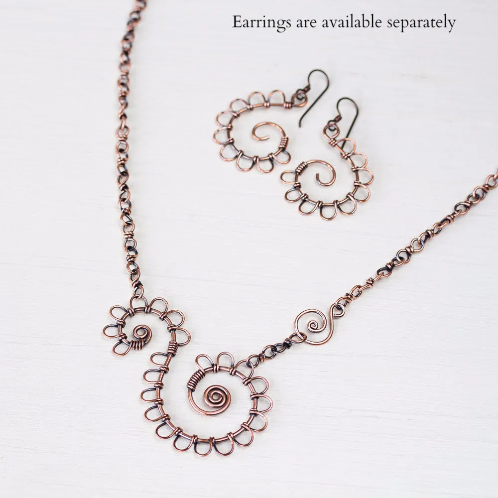 Double Spiral Copper Necklace, Wire wrapped Chain