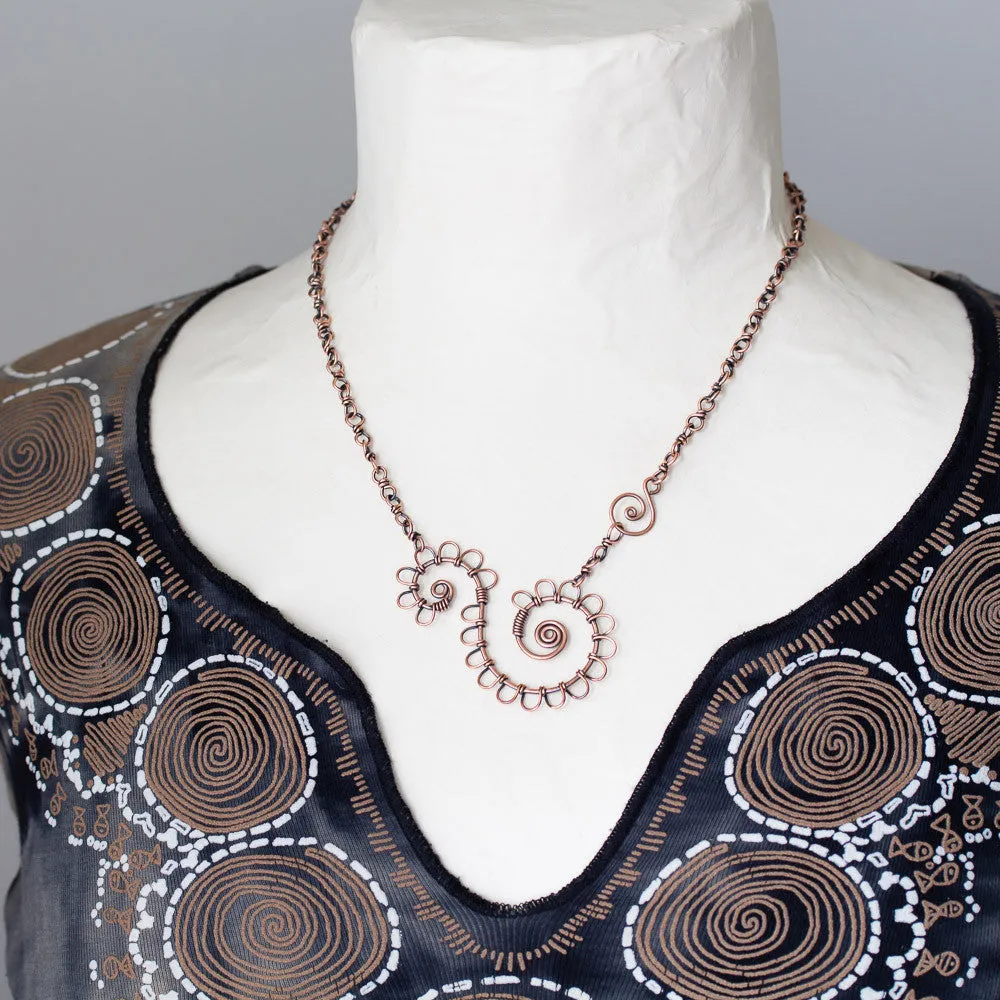 Double Spiral Copper Necklace, Wire wrapped Chain