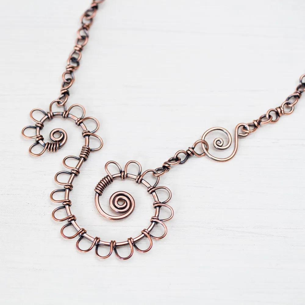 Double Spiral Copper Necklace, Wire wrapped Chain