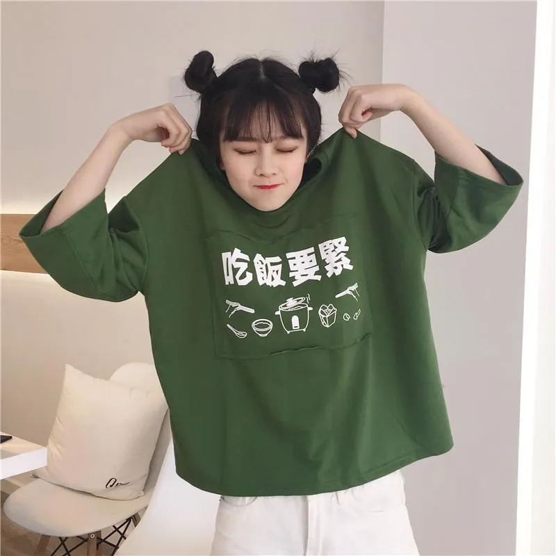 Kawaii Printed Three Quarter Sleeved T-shirt