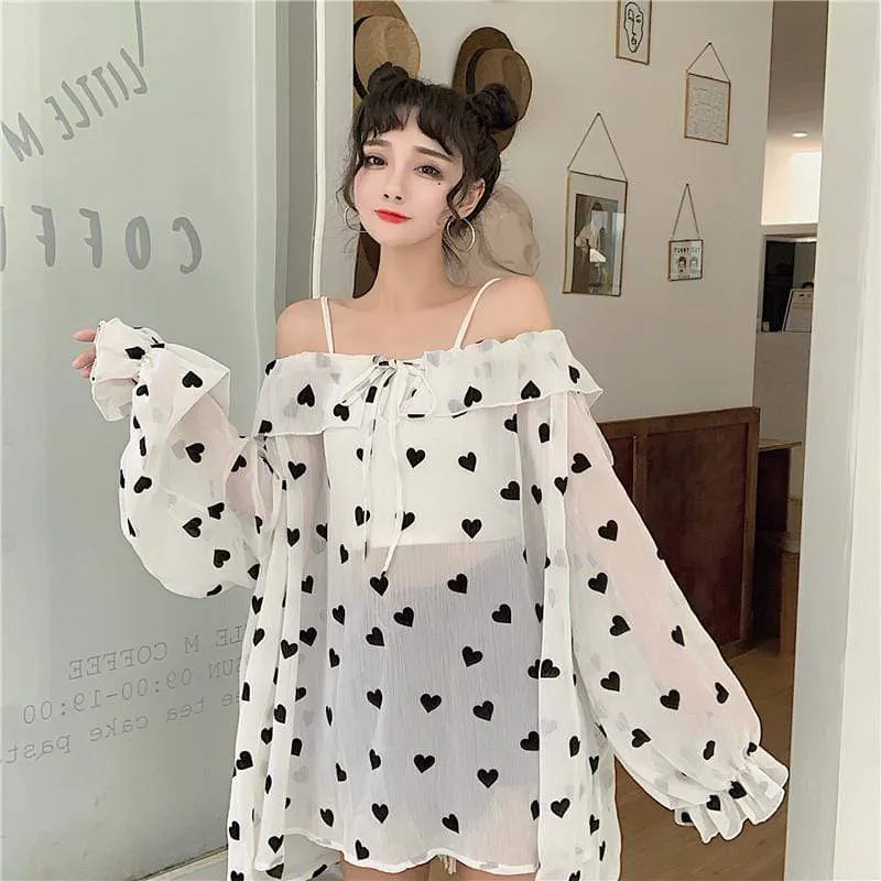 Kwaii Heart Printed Chiffon Shirt