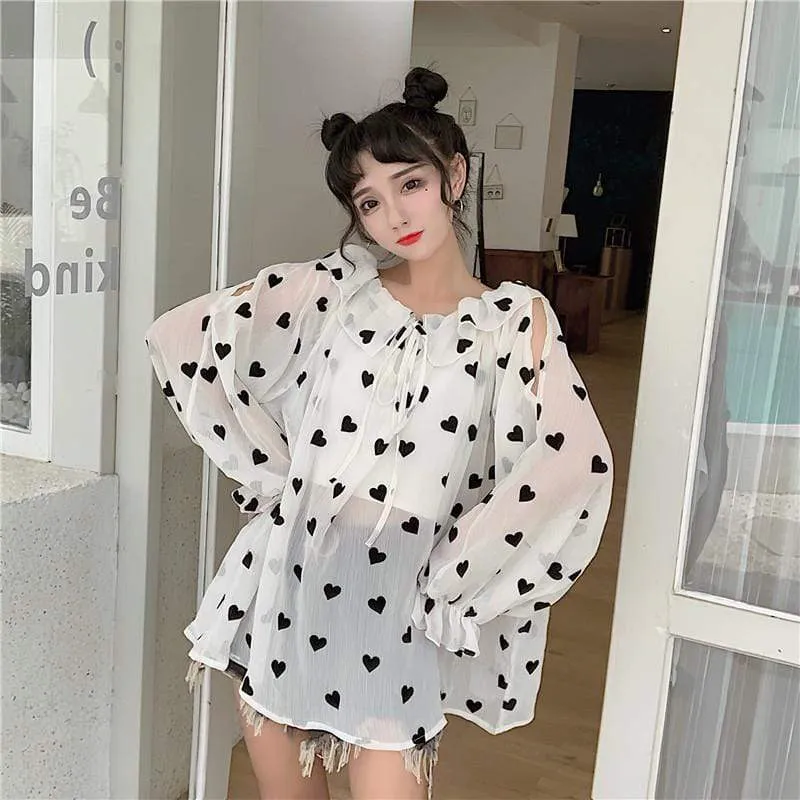 Kwaii Heart Printed Chiffon Shirt