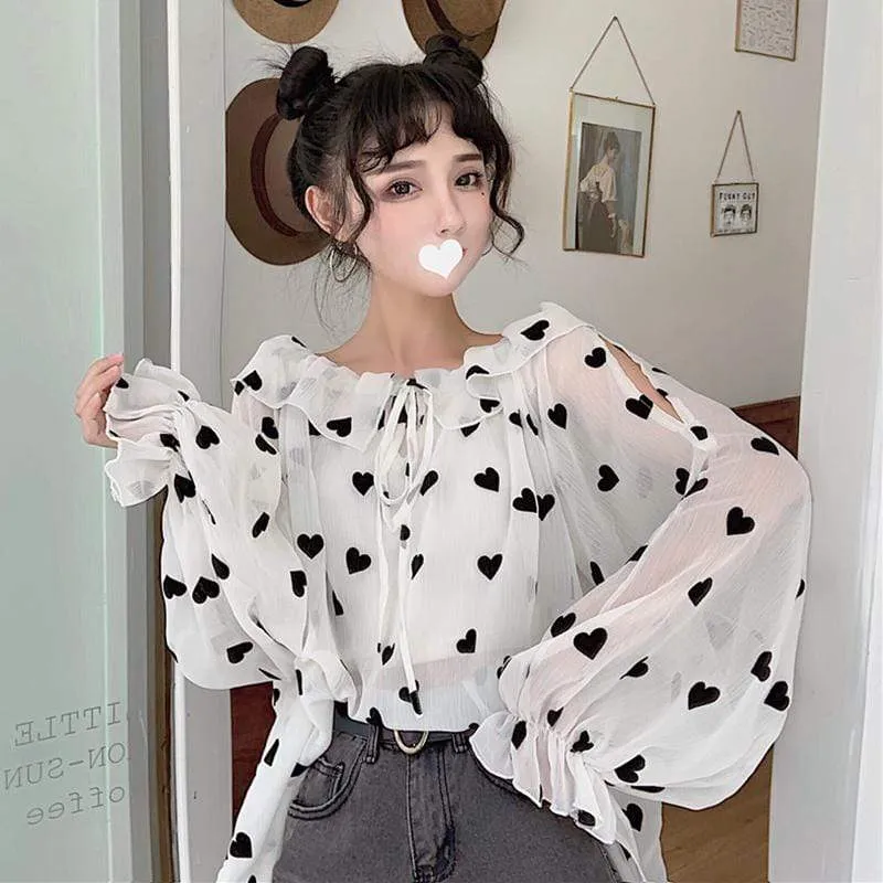 Kwaii Heart Printed Chiffon Shirt