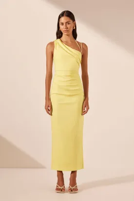 LANI ASYMMETRICAL GATHERED MIDI DRESS - LEMON