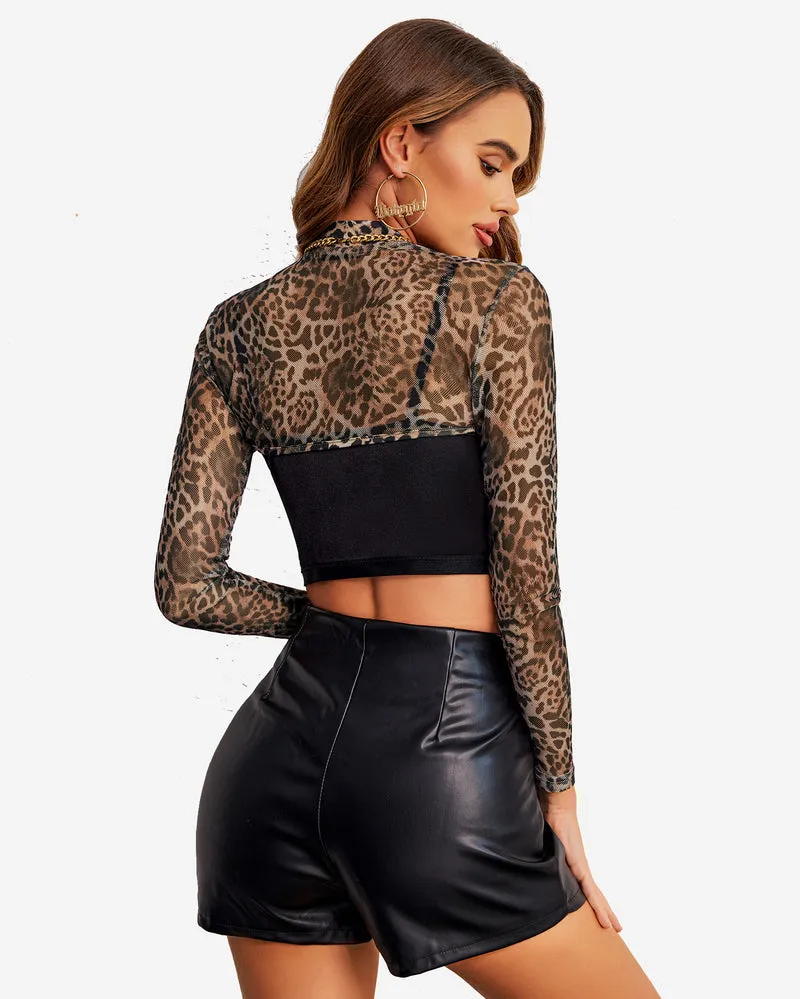 Leopard Long Sleeve See Through Shirt