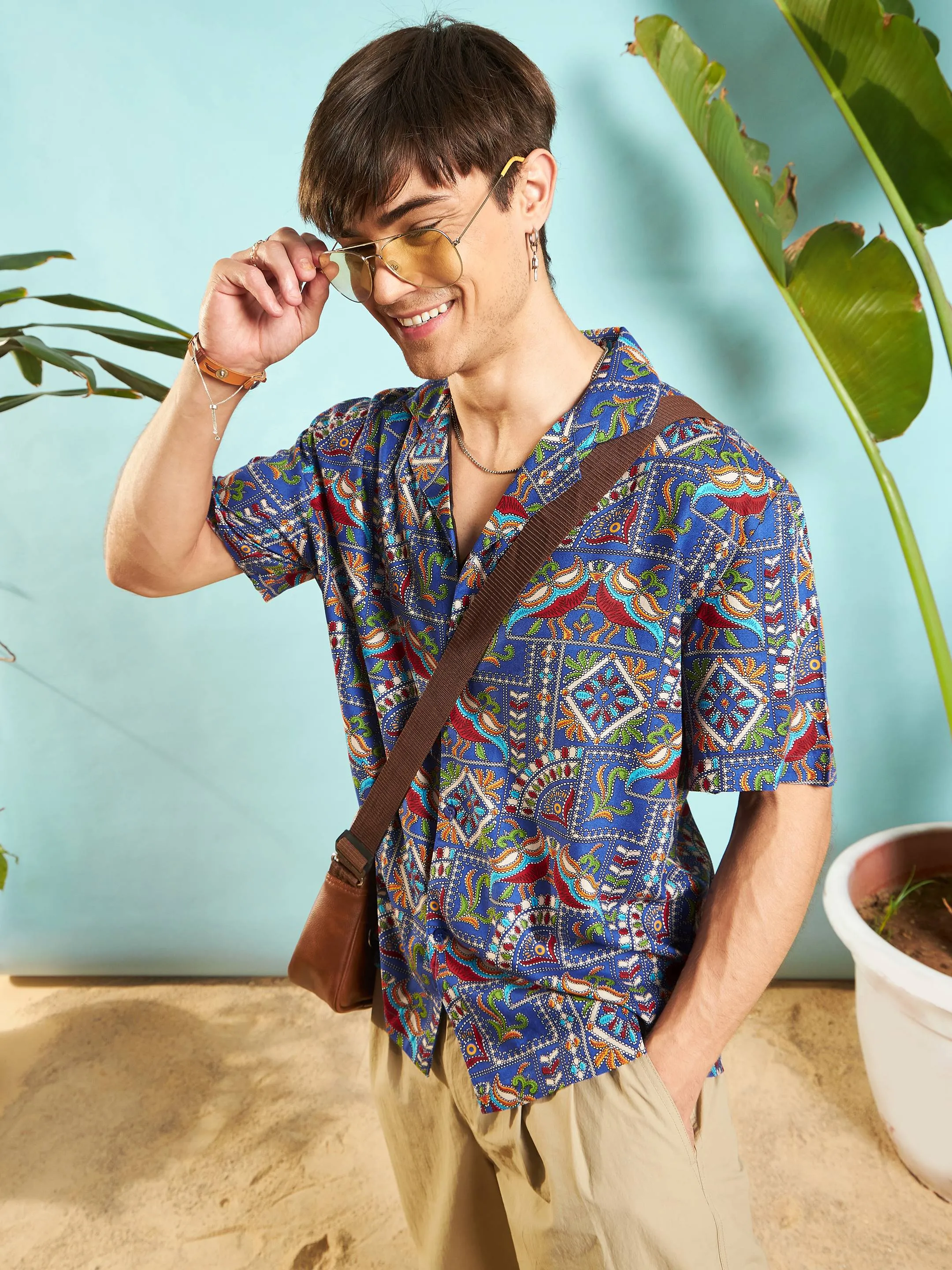 Men Blue Ethnic Print Relax Fit Shirt