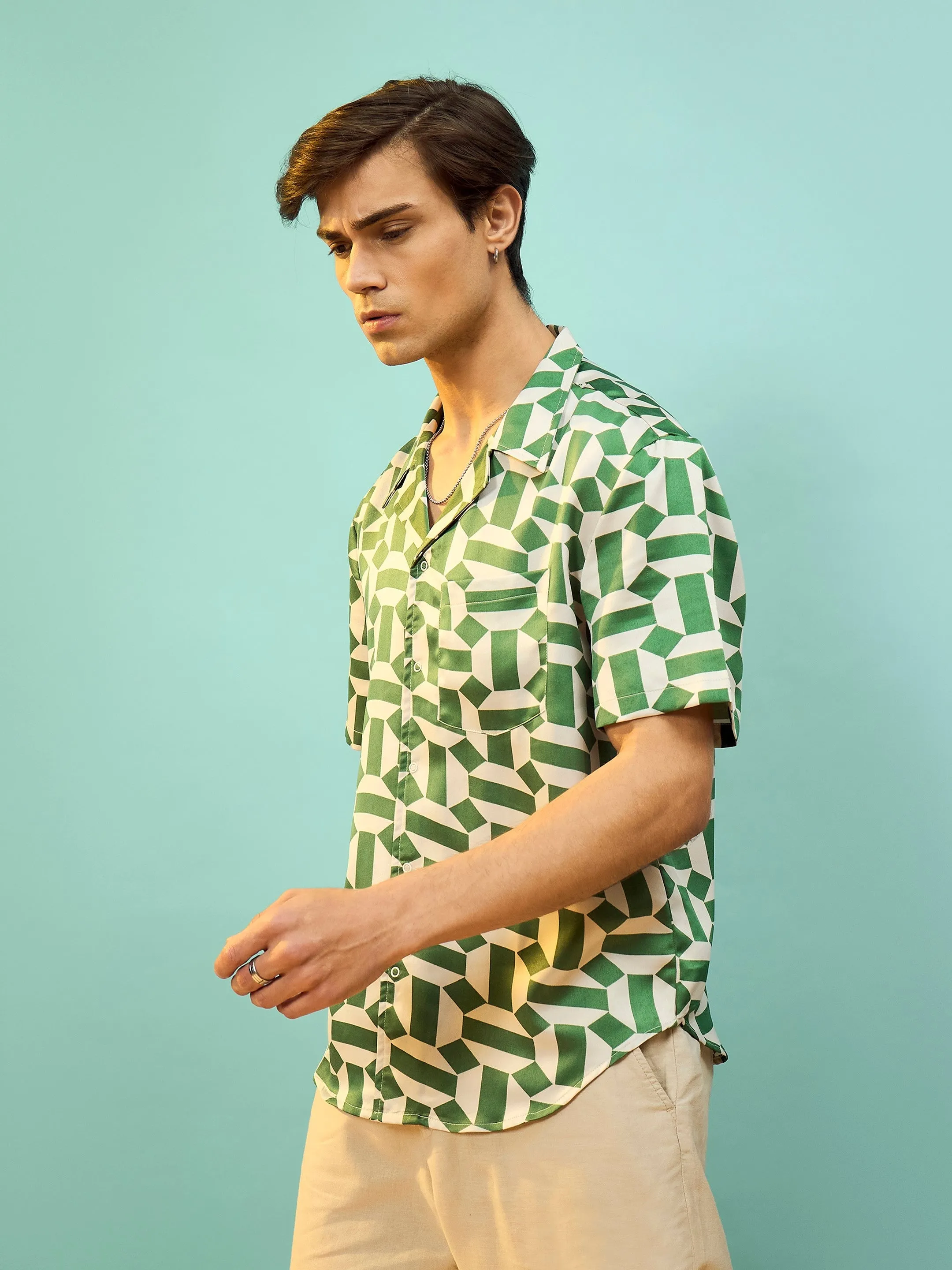 Men Green Satin Printed Relax Fit Shirt