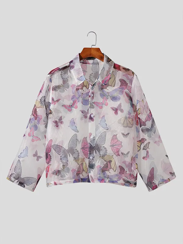 Mens Butterfly Print See Through Lapel Shirt SKUJ93866