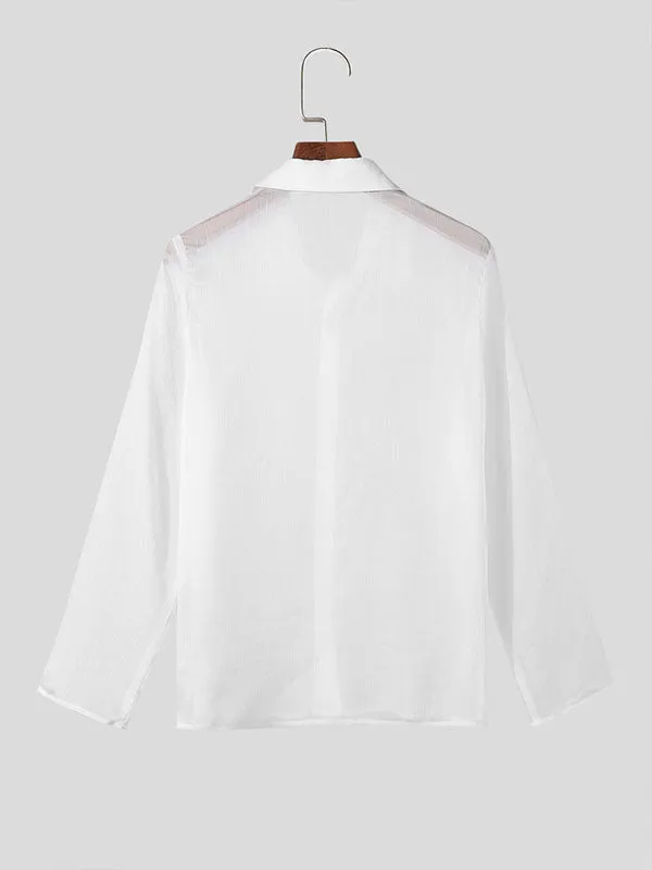 Chic Pleated Sheer Chiffon Long Sleeve Mens Shirt SKUK64523.