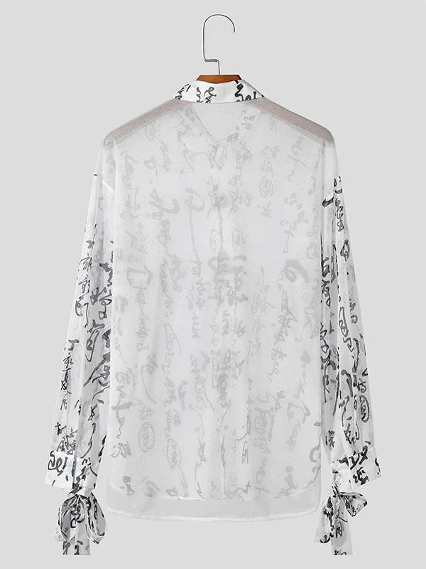 Mens Chinese Character Print Sheer Long Sleeve Shirt SKUK69253